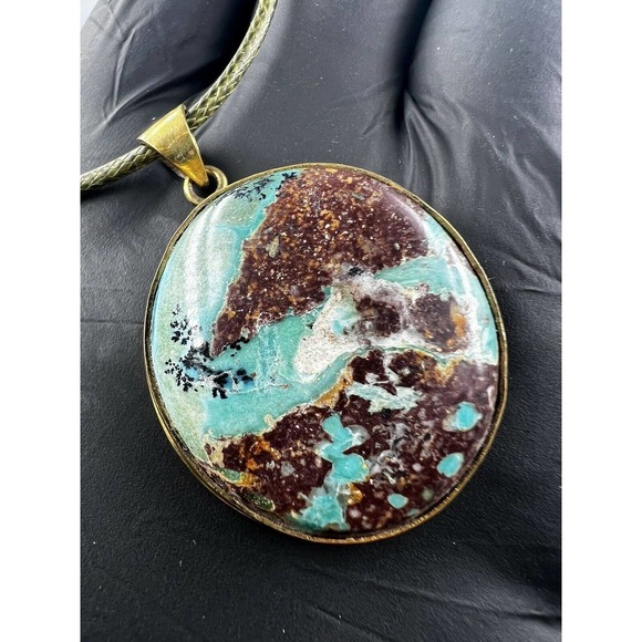 Natural Persian Turquoise Pendant Metal Brass Handmade With Rope - Picture 5 of 12